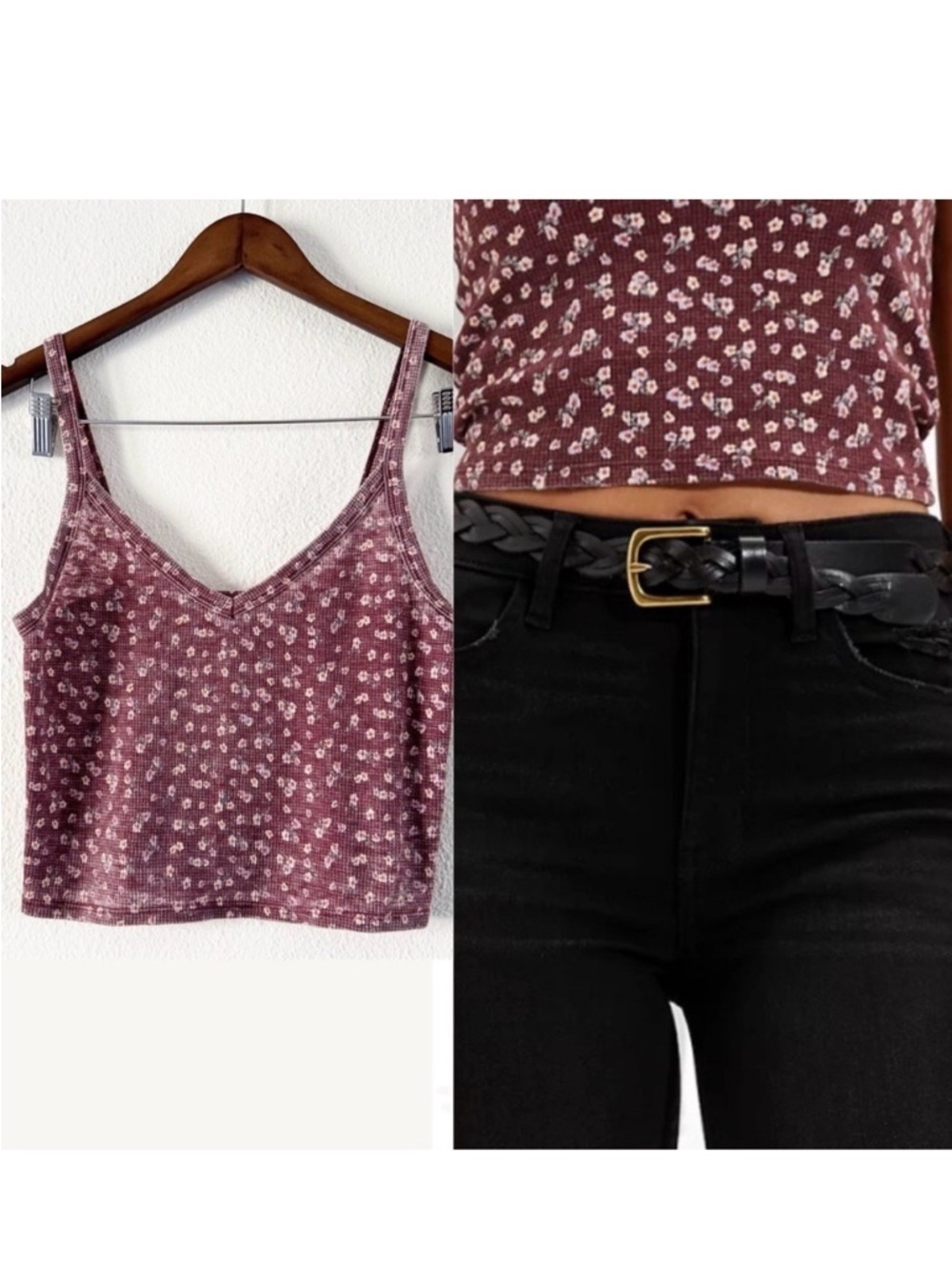 American Eagle Cropped Ditsy Floral Burgundy  Waffle Knit Cami Medium Ethereal